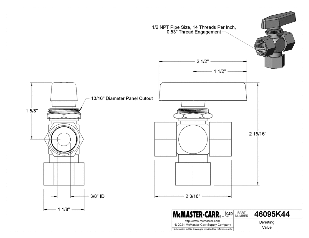 Technical Drawing of Diverting Valve, Panel-Mount, L-Pattern, Brass Body, 1/2 NPT Female, 2.7 Cv.